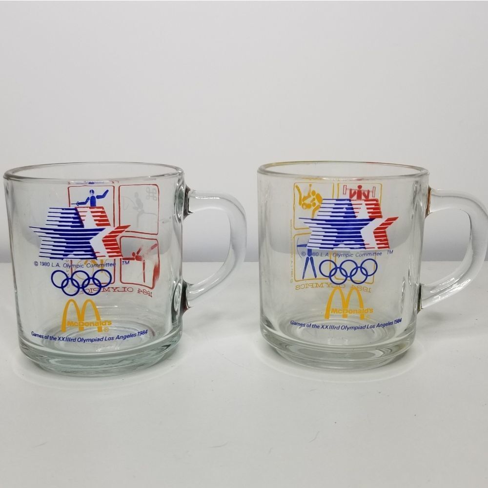 1984 McDonald’s LA Olympics Clear Glass Coffee Cup Set of‎ 2 Anchor Hocking 8oz